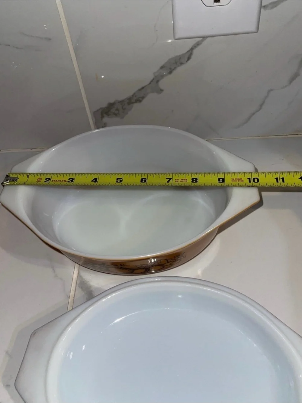 Pyrex Amber and Brown Covered Casserole with Fruit Motif